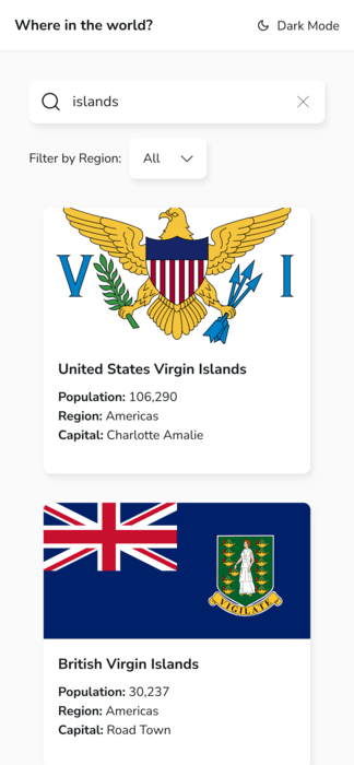 Layout showing main search area, on mobile, in light mode