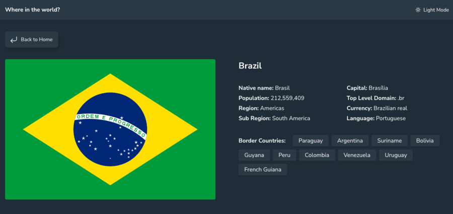Layout showing country detail, on desktop, in dark mode