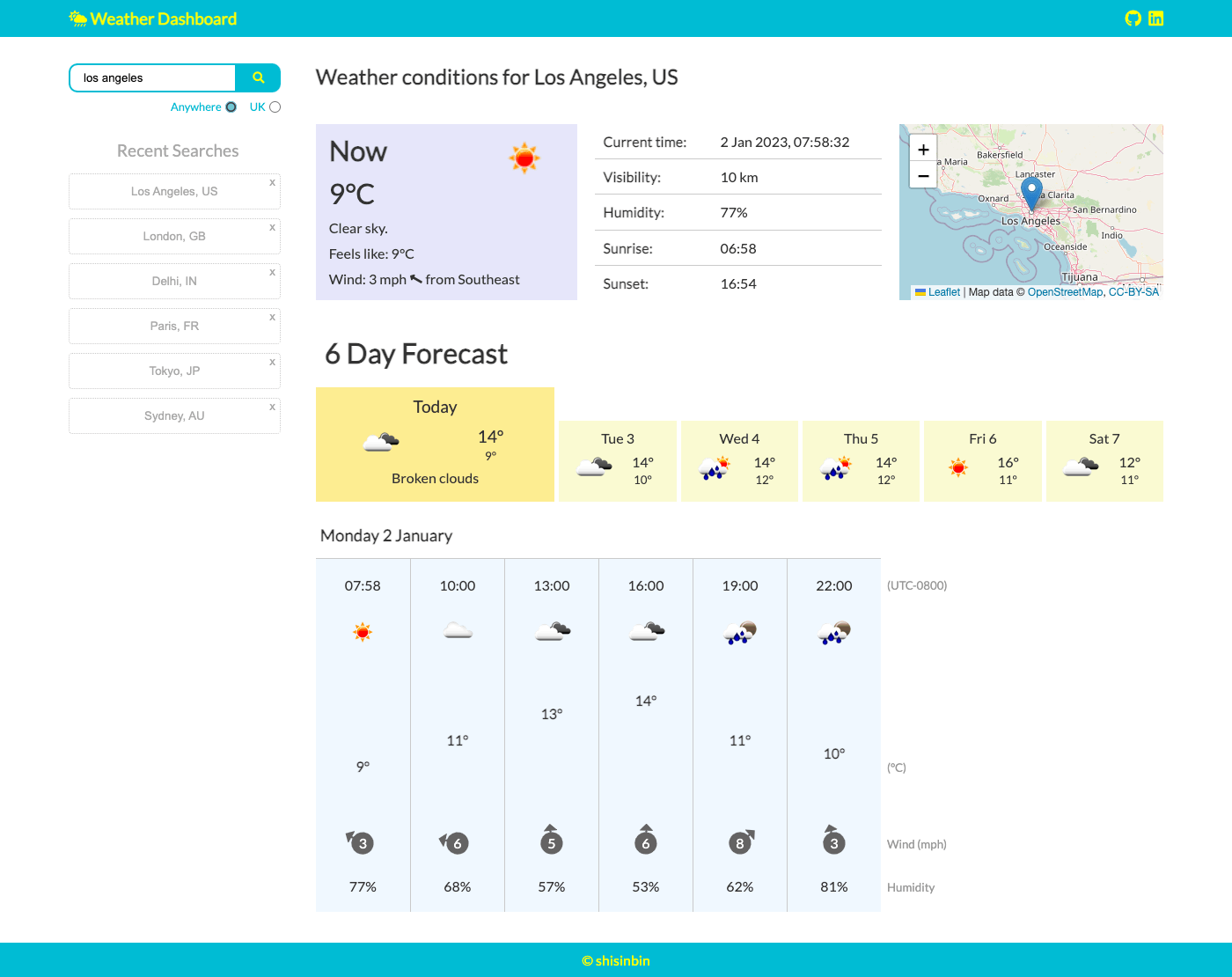 Layout showing weather conditions for a searched city
