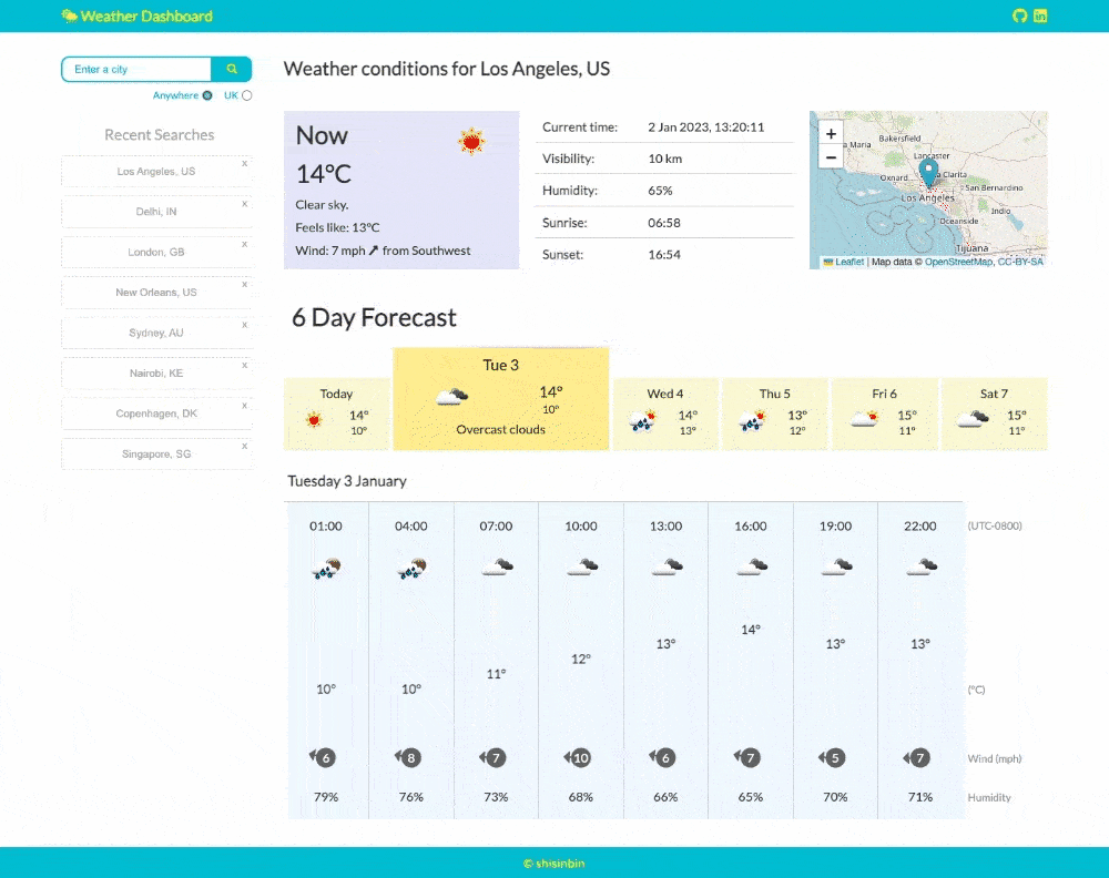 Animated demo of the Weather Dashboard app