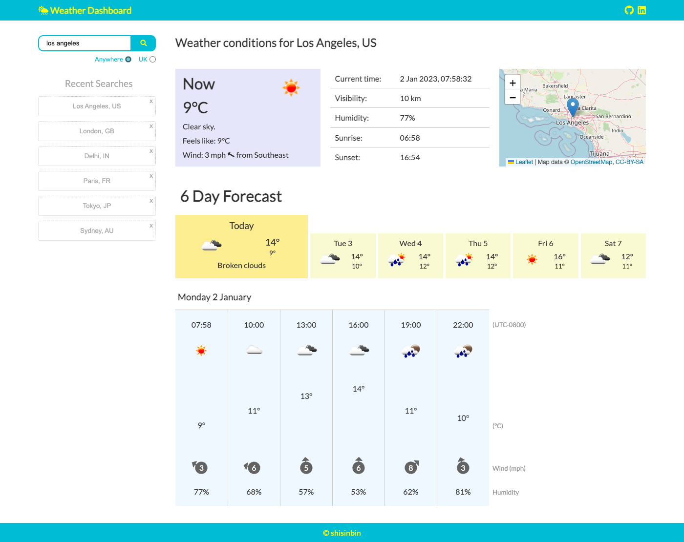 Layout showing weather conditions for a searched city
